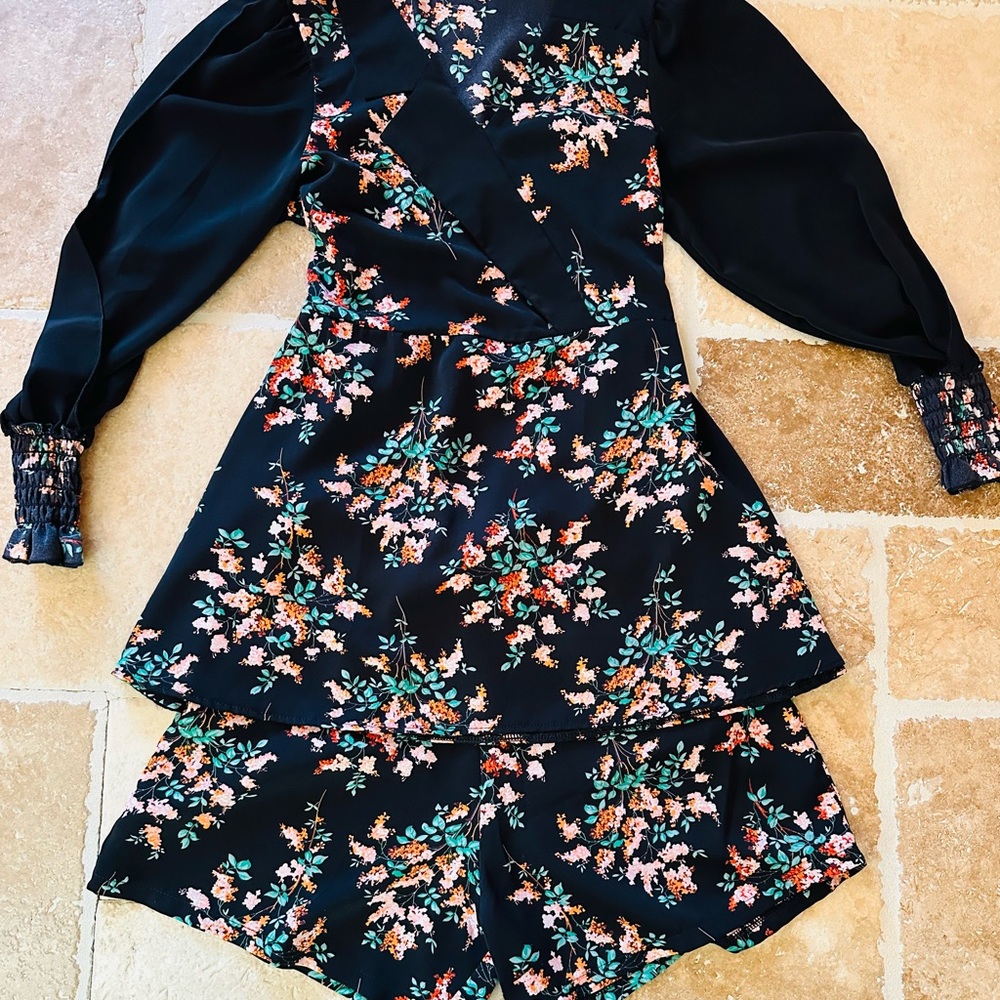 Floral Black Women’s Two Piece Set (Top and Short)
